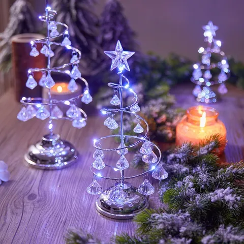 Tabletop Iron Art Glowing Christmas Tree Crystal Lamp LED Night Light Holiday Festival Gift Home Table Decoration