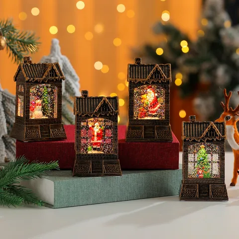 Noël LED Eau Paillettes Veilleuse Rétro Résine Petite Maison Ornement Père Noël Bonhomme de Neige Arbre Bureau Décor Festive