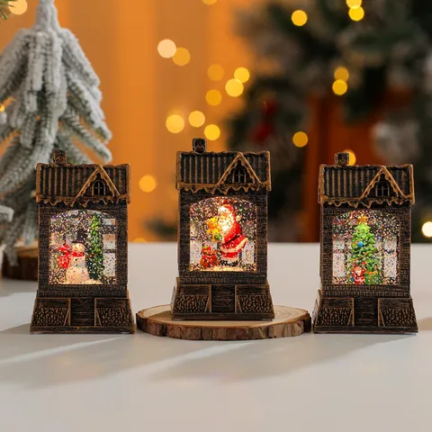 Noël LED Eau Paillettes Veilleuse Rétro Résine Petite Maison Ornement Père Noël Bonhomme de Neige Arbre Bureau Décor Festive