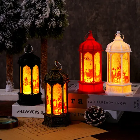 Retro Hexagonal Christmas Decorative Wind Lamp LED Electronic Candle Night Light Vintage Xmas Tabletop Decor Gift