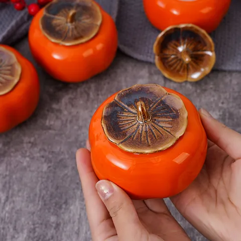 Tarro de Vela Perfumada de Cerámica Caqui Creativo Naranja Esmaltado Contenedor de Almacenamiento Decoración del Hogar