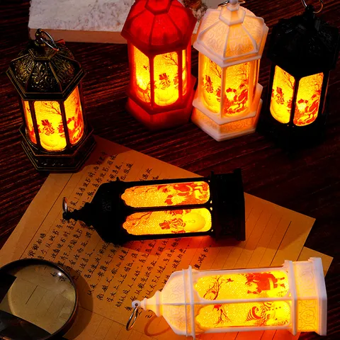 Retro Hexagonal Christmas Decorative Wind Lamp LED Electronic Candle Night Light Vintage Xmas Tabletop Decor Gift