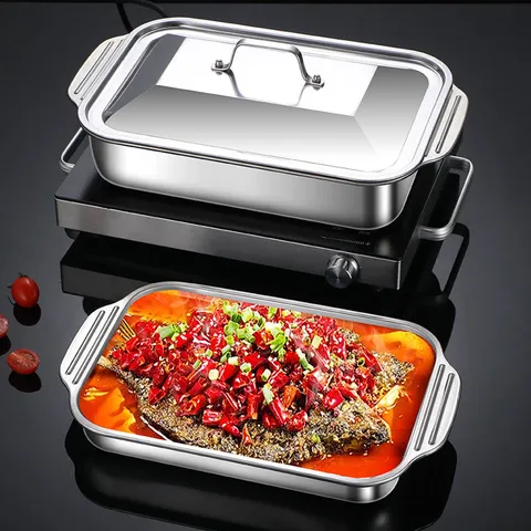 Stainless Steel Rectangular Grill Pan With Lid Deep Baking Tray Kitchen Cookware