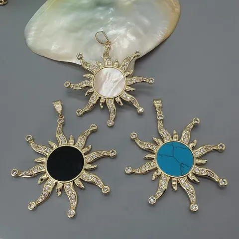 Vintage Sun Totem Pendant Only (Without Chain) Copper Gold Plated White Mother of Pearl Black Agate Turquoise Zirconia DIY Jewelry Charm
