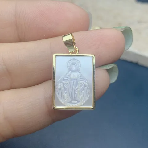 Colgante Cuadrado Retrato Religioso Nácar Blanco Cobre Chapado en Oro 18K Colgante Solo Sin Cadena