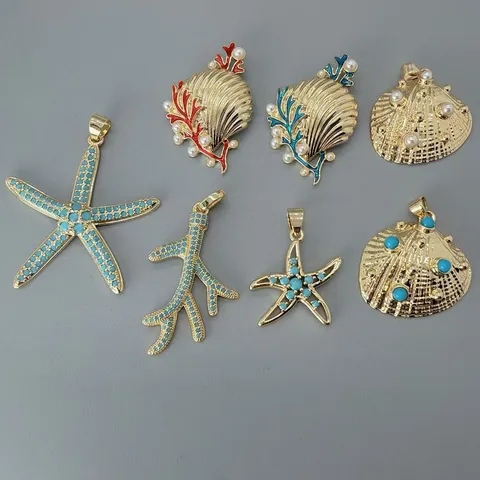 Ozean-Stil Seestern Muschel Koralle Anhänger Damen Kupfer Türkis Künstliche Perle Strass Schmuck Anhänger Ohne Kette