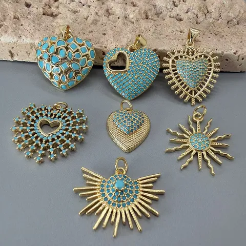 Europäisch Amerikanischer Retro Kupfer Türkis Herz Anhänger Für DIY Schmuckherstellung Vergoldet Zonnenstrahlen Halskette Anhänger Damen Schmuck