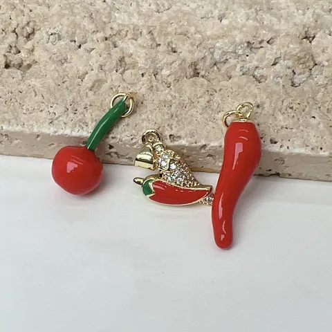 Copper Enamel Fruit Charms For Jewelry Making DIY Cherry Chili Pendants With Rhinestone Mini Fruit Jewelry Accessories For Necklace Bracelet