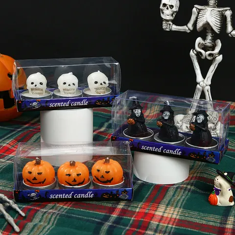 Ensemble de Bougies Parfumées d'Halloween Cire de Paraffine Formes de Citrouille Squelette Sorcière Chat Noir Décoration Fête