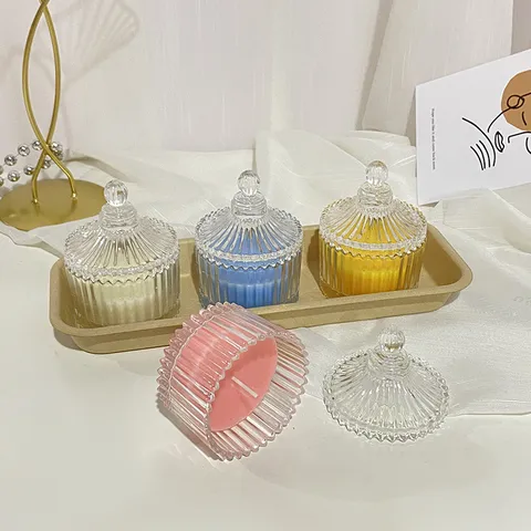 Bougie Parfumée Fait Main à la Cire de Soja Pot en Verre Gaufré Bougie d'Aromathérapie Décoration Salon Maison
