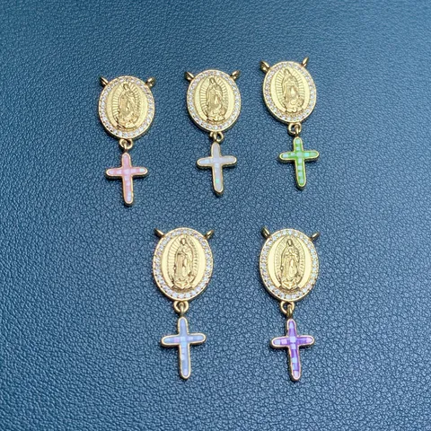 Kupfer Strass Jungfrau Maria Kreuz Anhänger Westlichen Retro Vergoldet Muschel Stil DIY Charms Für Schmuckherstellung Handwerk Zubehör