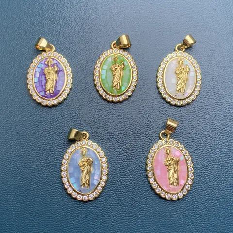 Ovaler Zirkonia Muschel Religiöse Figur Anhänger Vergoldete Kupferlegierung DIY Halskette Accessoire Für Damen Modeschmuck