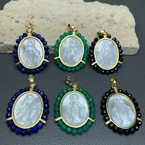 Ciondolo Vintage Ritratto Vergine Maria in Conchiglia Rame Placcato Oro 18K Lapislazzuli Agata Verde Pietra Naturale Fai da Te Donna