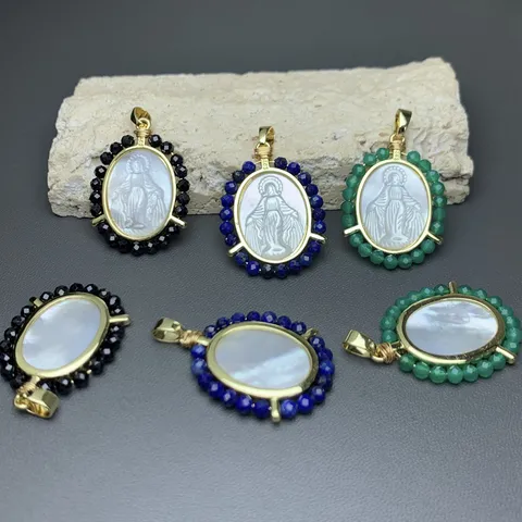 Ciondolo Vintage Ritratto Vergine Maria in Conchiglia Rame Placcato Oro 18K Lapislazzuli Agata Verde Pietra Naturale Fai da Te Donna