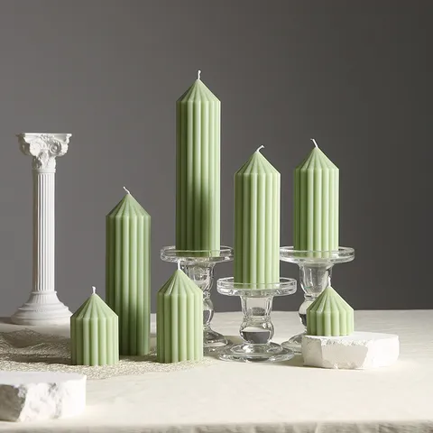 Candela Profumata Cilindrica Verde Menta in Stile Europeo con Design a Strisce Verticali Candela di Cera a Pilastro per Festa Matrimonio