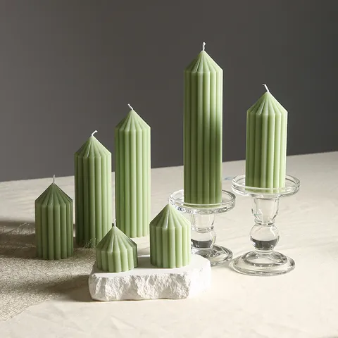 Candela Profumata Cilindrica Verde Menta in Stile Europeo con Design a Strisce Verticali Candela di Cera a Pilastro per Festa Matrimonio