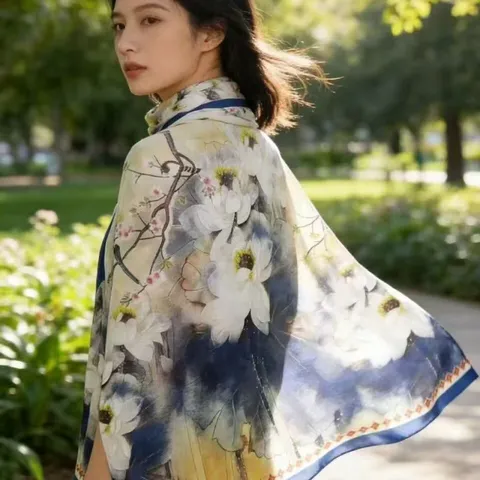 Damen Gedruckter Langer Schal Shuliang Garn Eleganter Floraler Leichter Umhang Mode Frühling Herbst Tägliche Kopfbedeckung Nackenwickel