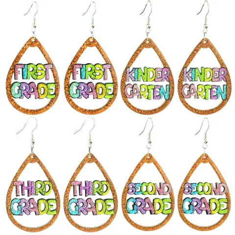Glitter Acrylic Teardrop Hollow Earrings For Teachers School Grade Letters Rhinestone Dangle Earrings Back To School Season Jewelry Gift