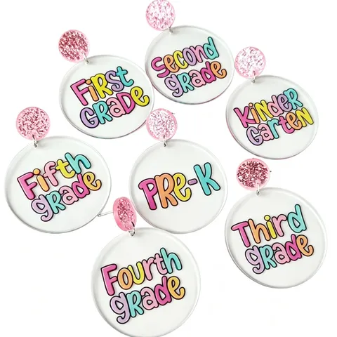 Cute Acrylic Back To School Theme Drop Earrings Multicolor Glitter Round Grade Letters Printed Dangle Earrings For Girls Student Party Jewelry