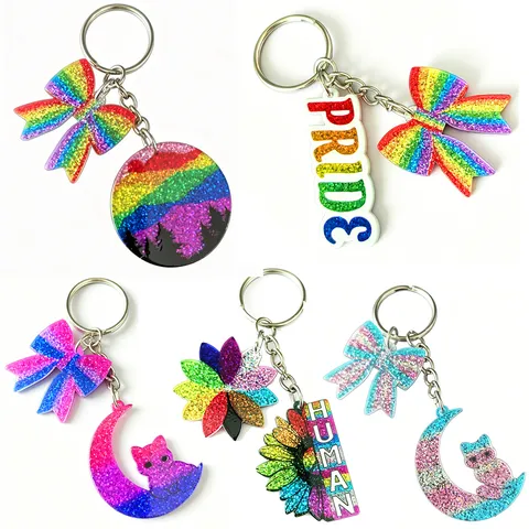Cute Acrylic Rainbow Glitter Bowknot Cat Heart Pendant Keychain Set Pride Month Colorful Bag Charm For Friends Gift Keychain Accessories