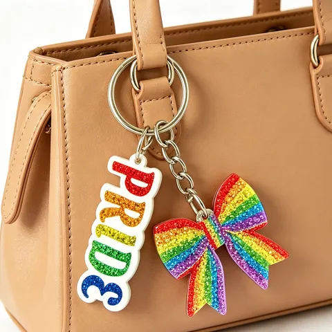 Cute Acrylic Rainbow Glitter Bowknot Cat Heart Pendant Keychain Set Pride Month Colorful Bag Charm For Friends Gift Keychain Accessories