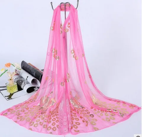 Damen Leichter Transparenter Schal Langer Strand Shawl Heißfolienprägung Pfauenfeder Muster Mode Halstuch