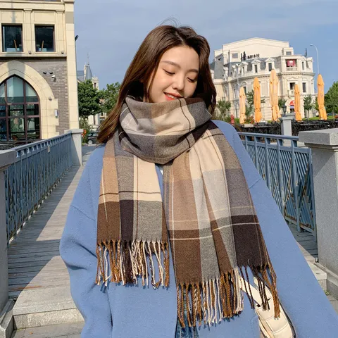 Winter Imitationskaschmir Karo Quasten Schal Unisex Klassisch Warm Langer Schal Mode Lässig Halswärmer