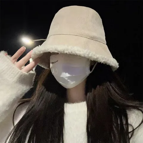 Damen Winter Kord Lammfell-Imitat Fischerhut Doppelseitig Warm Beckenhut Lässig Koreanischer Stil Anglerhut