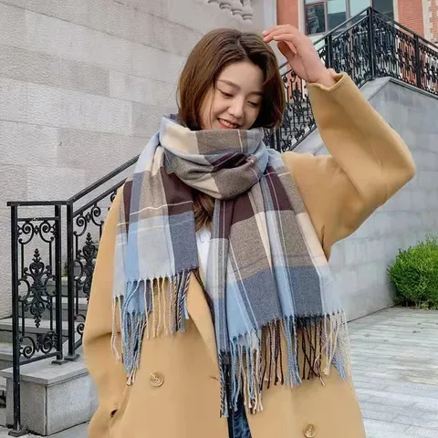 Damen Winter Warm Imitation Kaschmir Karo Schal Klassischer Quasten Langer Schal Koreanischer Stil Weicher Thermo Halstuch