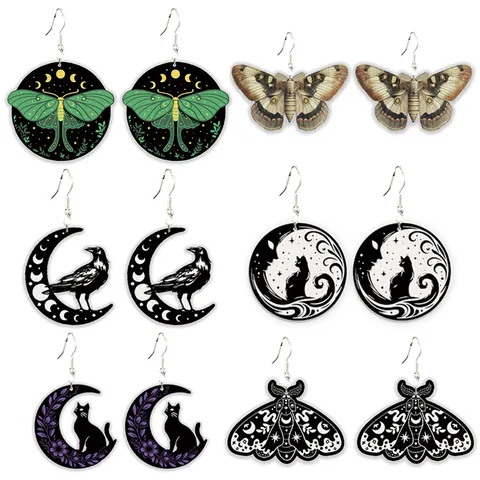 Gothic Wooden Drop Earrings Halloween Dark Moth Raven Black Cat Moon Skull Printed Wood Jewelry For Women Gift