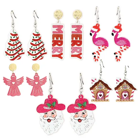 Boucles d'Oreilles Pendantes en Acrylique à Paillettes de Noël Mignon Père Noël Maison de Pain d'Épice Flamant Ange Boucles d'Oreilles pour Femmes Fête Bijoux Cadeau