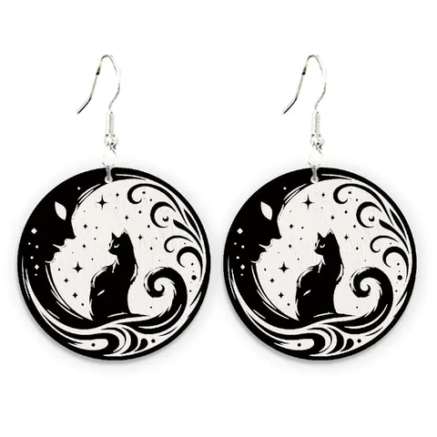 Gothic Wooden Drop Earrings Halloween Dark Moth Raven Black Cat Moon Skull Printed Wood Jewelry For Women Gift