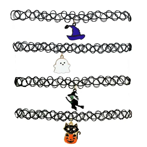 Halloween Choker Necklace For Kids Black Elastic Lace Choker Witch Ghost Pumpkin Moon Witch Hat Pendant Alloy Gothic Jewelry