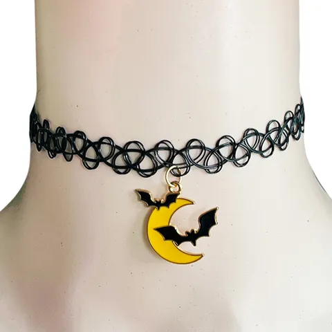 Halloween Choker Necklace For Kids Black Elastic Lace Choker Witch Ghost Pumpkin Moon Witch Hat Pendant Alloy Gothic Jewelry