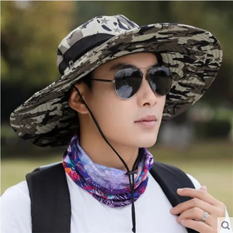 Herren Outdoor Camouflage Bucket Hat Breite Krempe Sonnenschutz Atmungsaktiv Mesh Wandern Angeln Strand Casual Fisherman Hat