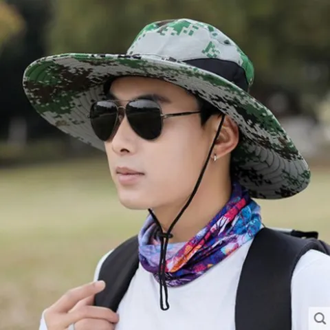 Herren Outdoor Camouflage Bucket Hat Breite Krempe Sonnenschutz Atmungsaktiv Mesh Wandern Angeln Strand Casual Fisherman Hat
