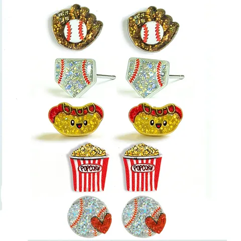 Women Fashion Baseball Season Glitter Fun Hot Dog Popcorn Baseball Glove Stud Earrings Cute Acrylic Sports Theme Jewelry For Party