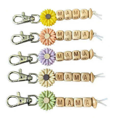 Mother Day Gift Wooden Alphabet Letter Beads Sunflower Charm Keychain Metal Silicone Clasp Tassel Pendant Bag Hanging Ornament Jewelry For Women