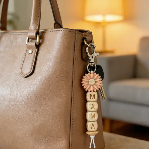 Mother Day Gift Wooden Alphabet Letter Beads Sunflower Charm Keychain Metal Silicone Clasp Tassel Pendant Bag Hanging Ornament Jewelry For Women