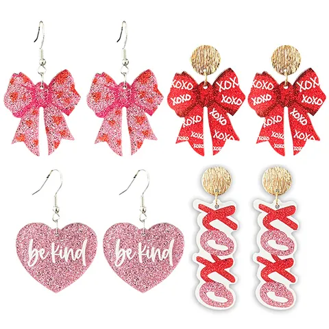 Boucles d'Oreilles en Acrylique Imprimé Nœud Cœur XOXO Saint-Valentin pour Femmes Tige en Cuivre Boucles d'Oreilles Pendants Pailletés Bijoux