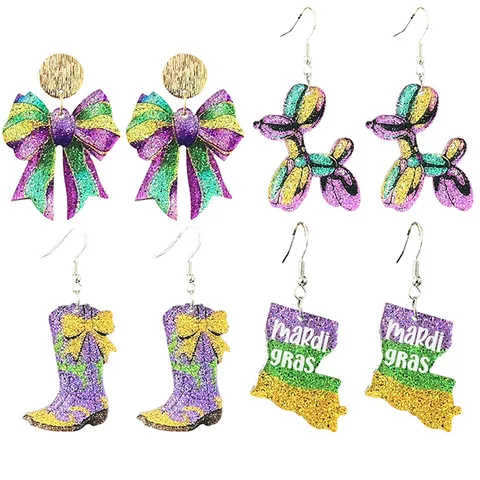 Mardi Gras Carnaval Glitter Acryl Hangende Oorbellen Voor Dames Bedrukte Strik Ballonhond Cowboylaarzen Kaart Oorbellen Feest Sieraden