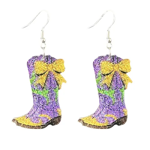 Mardi Gras Carnaval Glitter Acryl Hangende Oorbellen Voor Dames Bedrukte Strik Ballonhond Cowboylaarzen Kaart Oorbellen Feest Sieraden