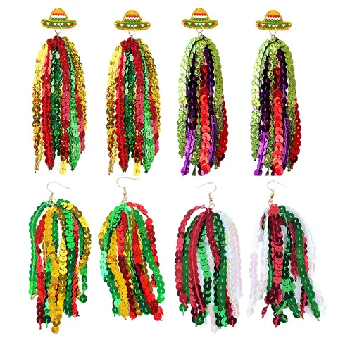 Cinco De Mayo Mexican Sombrero Hat Drop Earrings For Women Shiny Sequin Tassel Festive Parade Dangle Earrings Costume Party Jewelry