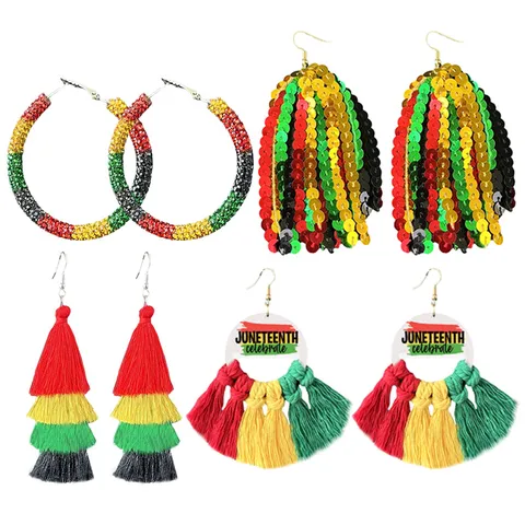 Juneteenth Feiern Legierung Strass Creolen Pailletten Quasten Ohrhänger Pan-Afrikanische Farben Ethno Party Schmuck Für Damen