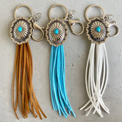 Retro Western Style Concho Sunflower Faux Turquoise Tassel Keychain Women Leather Fringe Key Ring Bag Charm Pendant