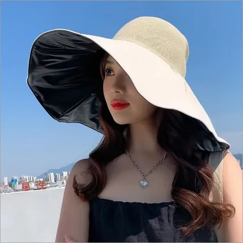 Damen Sommer Sonnenschutz Fischerhut Große Krempe Anti UV Schwarzer Klebstoff Netz Schleife Casual Outdoor Strandhut
