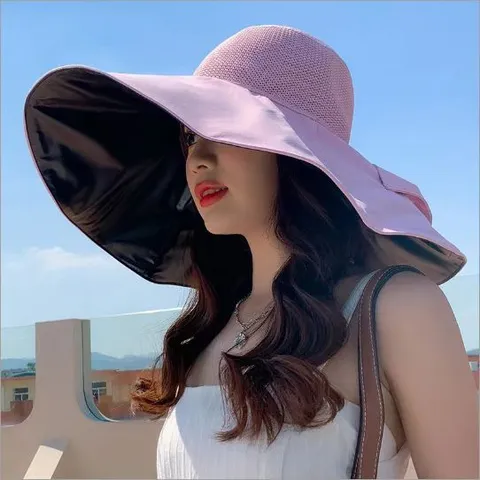 Damen Sommer Sonnenschutz Fischerhut Große Krempe Anti UV Schwarzer Klebstoff Netz Schleife Casual Outdoor Strandhut