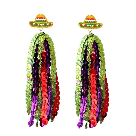 Cinco De Mayo Mexican Sombrero Hat Drop Earrings For Women Shiny Sequin Tassel Festive Parade Dangle Earrings Costume Party Jewelry
