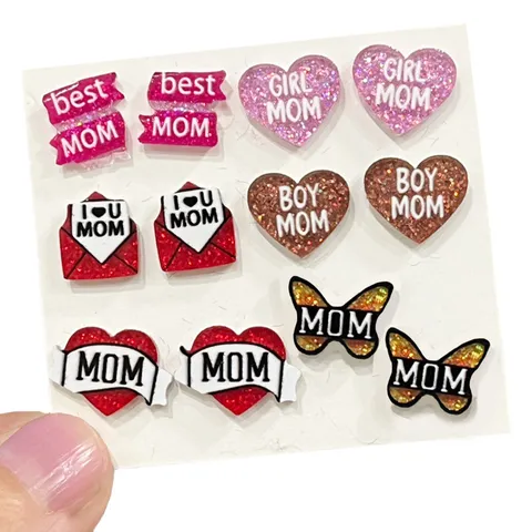 Glitter Acrylic Mother Day Stud Earrings Heart Envelope Butterfly Style Printed MOM Letter Small Earrings Jewelry Gift For Women