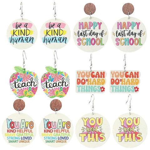 Teacher Appreciation Week Wooden Drop Earrings School Theme Minimalist Geometric Apple Word Print Earrings For Graduation Teacher Day Women Jewelry Gift